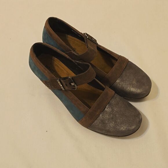 NAOT Dashing Pump Leather Mary Jane Heels Shoes Teal Brown 37/6-6.5 Hook & Loop - Picture 1 of 12